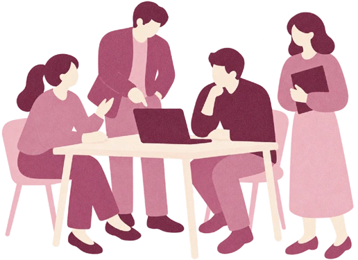同じテーブルで話し合う4人のイラスト